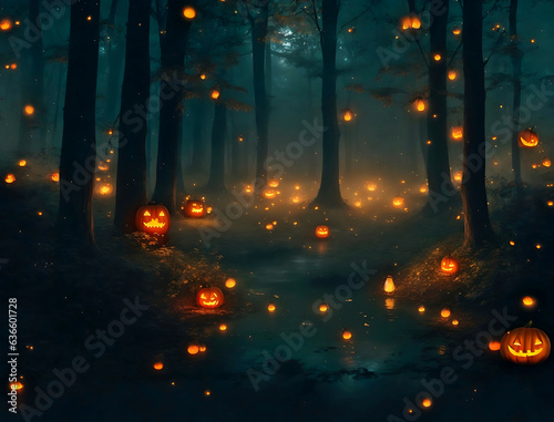 Small halloween pumpkins glowing in the forest.