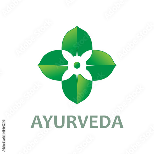 Clover shaped green leaves composition in square Vector Logo for Ayurveda, medicinal, cosmetics, alternative medicine and agriculture farming. 