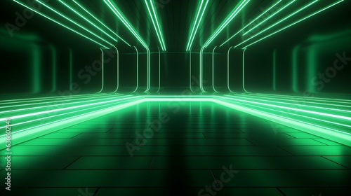 3D Render of a Room with Glowing Light Green Neon Lines. Abstract Background