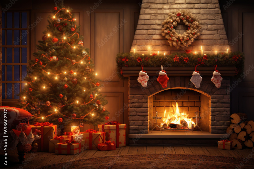 Generative AI. soft focus decorated christmas tree and gift box with fireplace in living room at house, winter holiday family, happy new year and merry christmas festival concept