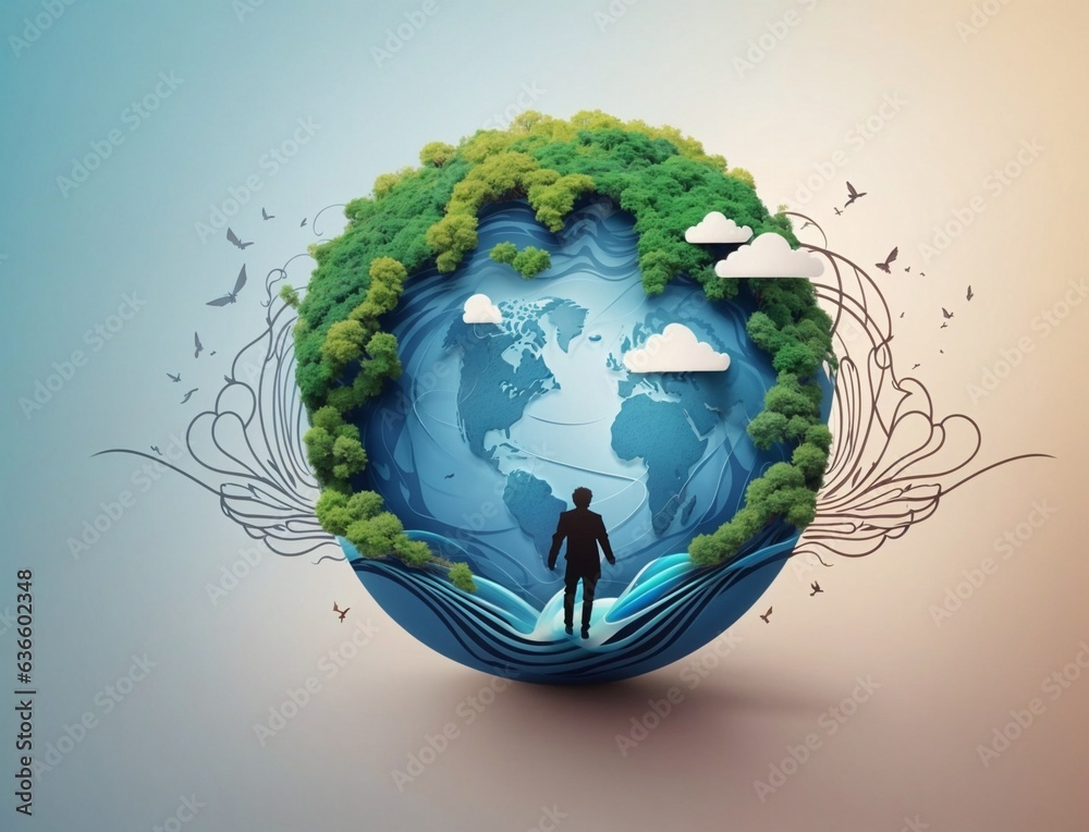 connection between nature and human concept, a man standing in front of globe with tree on it, earth day connection between nature and human concept, a man standing in front of globe with tree on it, earth day