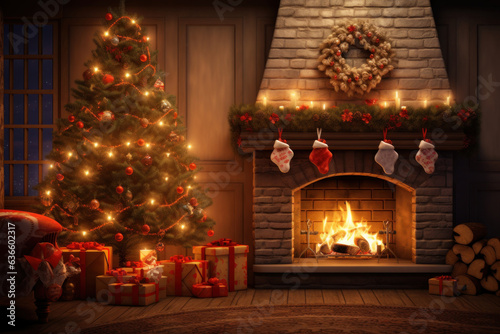 Generative AI. soft focus decorated christmas tree and gift box with fireplace in living room at house, winter holiday family, happy new year and merry christmas festival concept