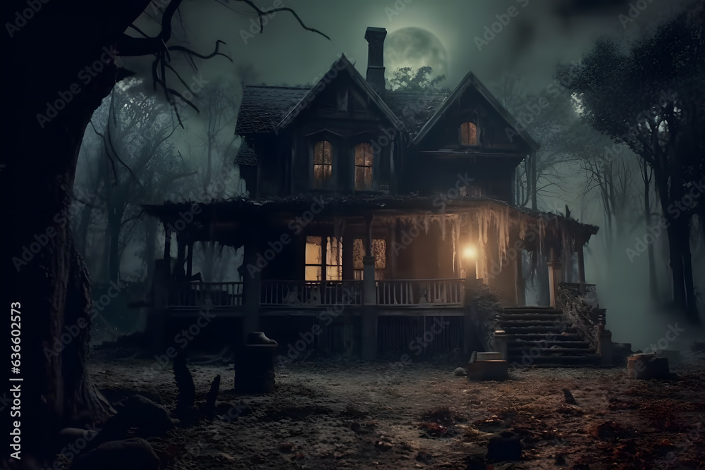 Haunted house with ghostly apparitions and candle glow