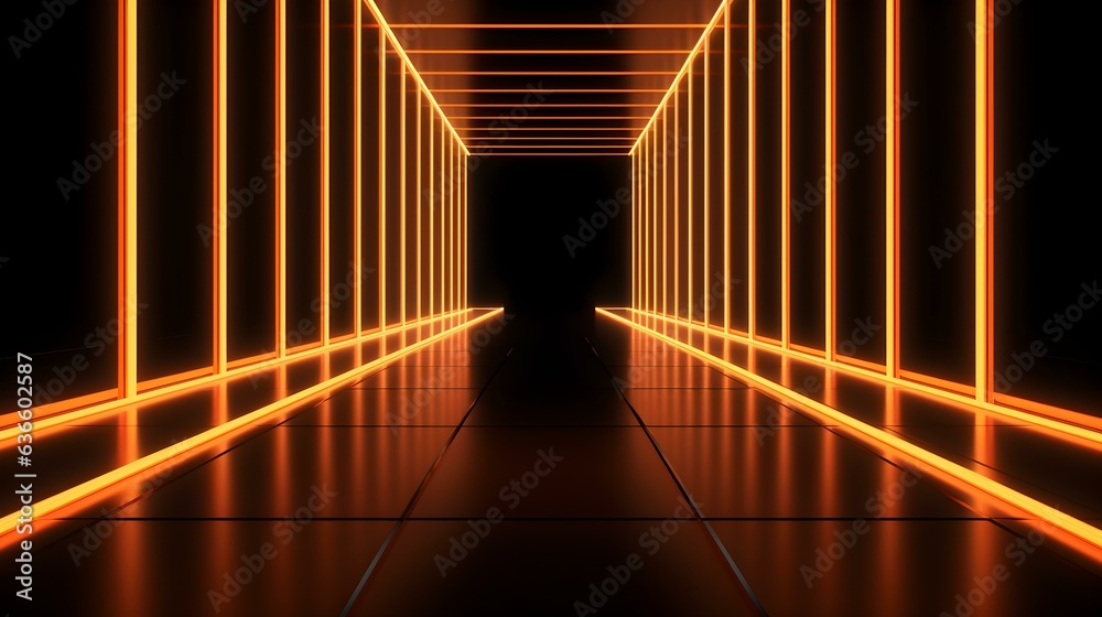 3D Render of a Room with Glowing Light Orange Neon Lines. Abstract Background