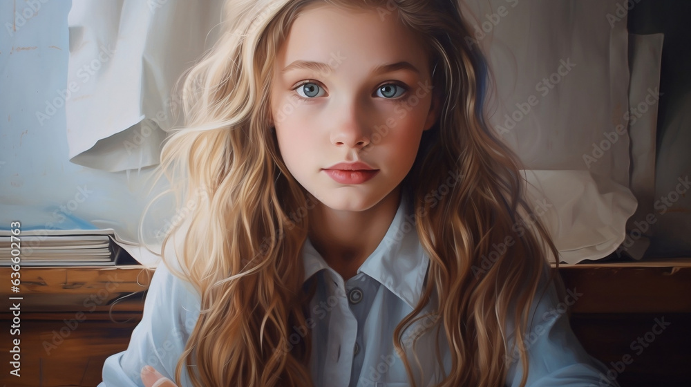 Zaskoczona dziewczynka z kolorowym pasemkiem we włosach w szkolnej ławce patrzy prosto w oczy - obrazy, fototapety, plakaty 