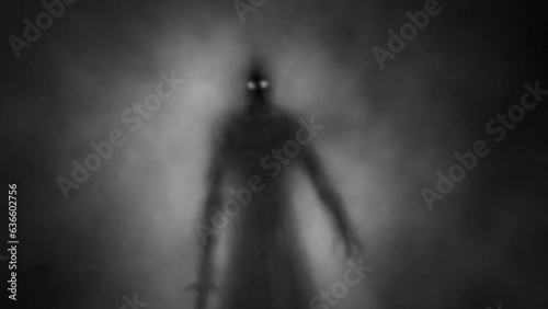 Gloomy ancient warrior with glowing eyes. Scary knight ghost with sword in smoke. Horror fantasy genre. Dark spirit cave. Animated video clip. Creepy short film for spooky Halloween and  Vj loops. photo