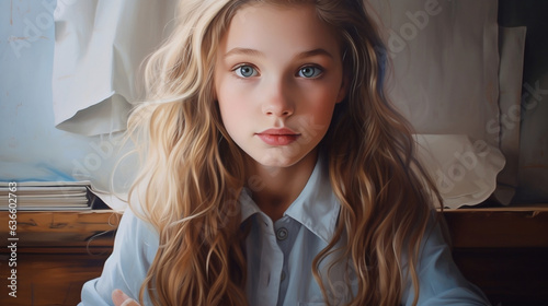 Zaskoczona dziewczynka z kolorowym pasemkiem we włosach w szkolnej ławce patrzy prosto w oczy photo