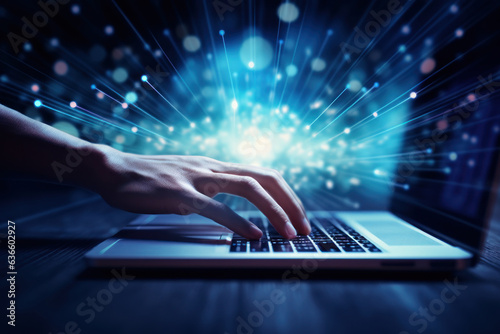 Generative AI. business people working on laptop computer with global media link connecting on desk, cloud computing, cyber security, business finance, internet network technology concept