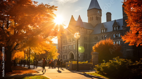 Immerse yourself in the vibrant atmosphere of a university campus with this captivating image. Towering academic buildings with ivy-covered facades stand against a clear blue sky.