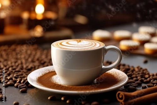 Cup of cappuccino and coffee beans on dark background
