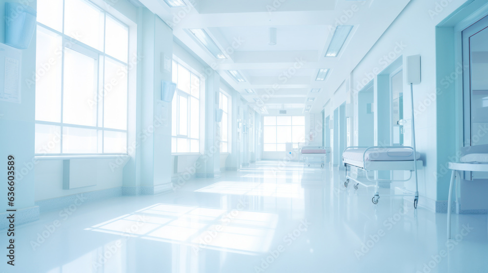 Generative AI. abstract motion blur image of hospital walkway at medical center hospital office building in city, business center, medical technology concept Generative AI. abstract motion blur image of hospital walkway at medical center hospital office building in city, business center, medical technology concept