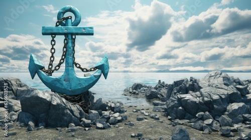 Delve into the striking image of a bright aqua anchor, its vibrant hue contrasting the floating clouds above a rugged coastal landscape. This piece marries nautical charm with the raw beauty of nature