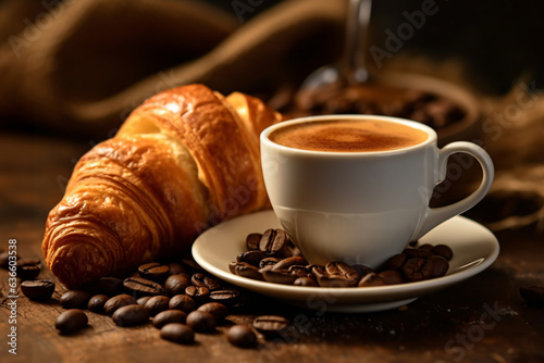 Coffee cup and croissants on wooden table in cafe