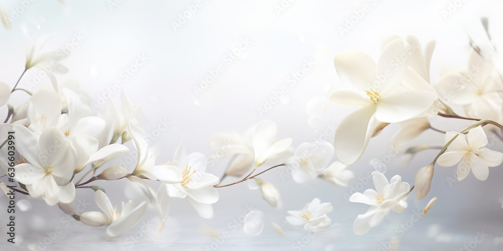 A floral banner with white jasmine flowers. The backdrop of beauty of nature, with close-up details of the flower heads. Blossoms in various stages of growth are illuminated in the summer sun.