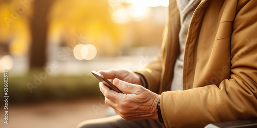 Senior man outdoors on a park bench, using a smartphone for text messaging, enjoying wireless technology and leisure activity under autumn sunlight. 