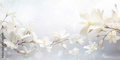 A floral banner with white jasmine flowers. The backdrop of beauty of nature, with close-up details of the flower heads. Blossoms in various stages of growth are illuminated in the summer sun.