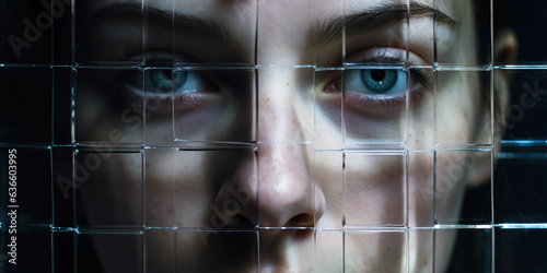 A poignant portrait capturing the emotion of sadness and depression. Young woman looks trapped and isolated. The close-up headshot conveys feelings of loneliness and contemplation. 