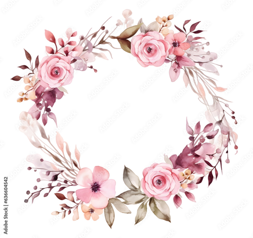 Flowers wreath hand painted watercolor illustration isolated on transparent background