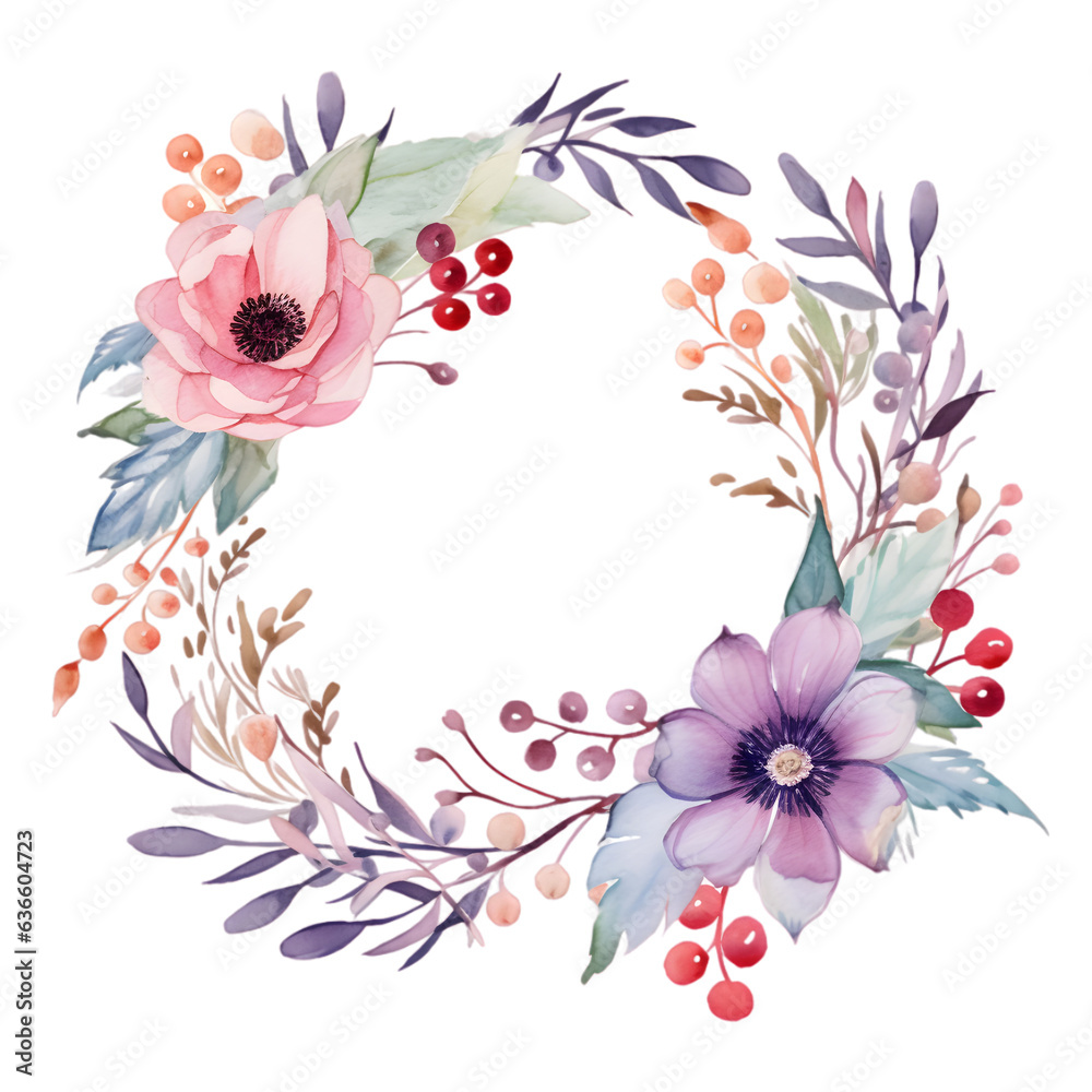 Flowers wreath hand painted watercolor illustration isolated on transparent background