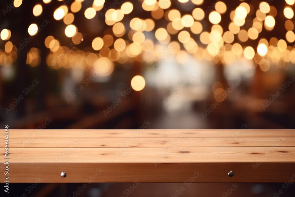 Generative AI. empty wooden floor or wood board table with blurred abstract night light bokeh at restaurant background, copy space for display of product or object presentation Generative AI. empty wooden floor or wood board table with blurred abstract night light bokeh at restaurant background, copy space for display of product or object presentation