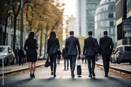 Generative AI. back view of group business people crowd walking on street go to work at morning in city downtown, insurance, finance, business marketing, partnership, goal business target concept