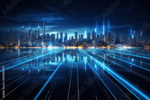 Generative AI. global media link connecting on night city background, digital, internet, 5G communication, networking, smart city, business, partnership, network connection and technology concept