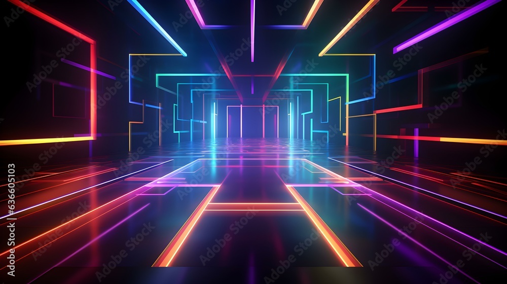 3D Render of a Room with Glowing Multicolor Neon Lines. Abstract Background 3D Render of a Room with Glowing Multicolor Neon Lines. Abstract Background