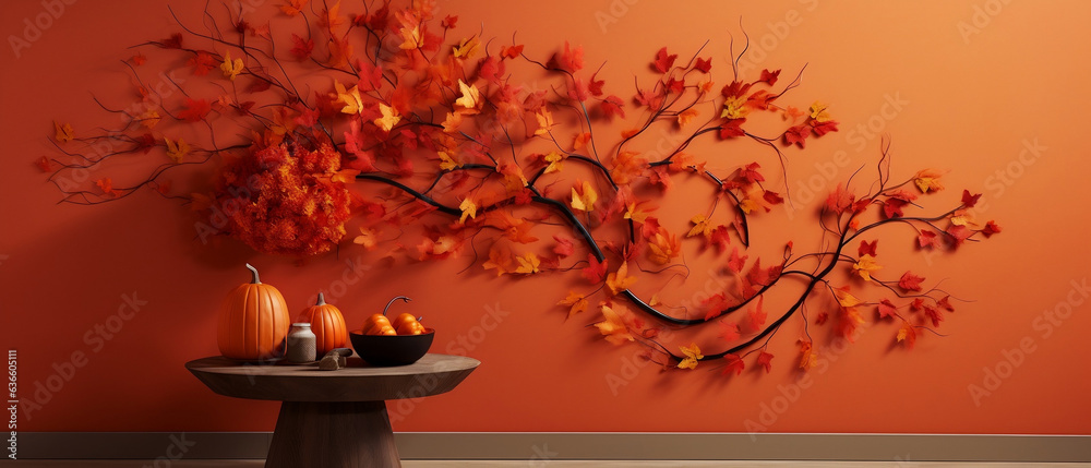 Jesienna dekoracja domu z gałązek i liści klonu na tle pomarańczowej ściany oraz stolik z misą pełną dyni - obrazy, fototapety, plakaty 