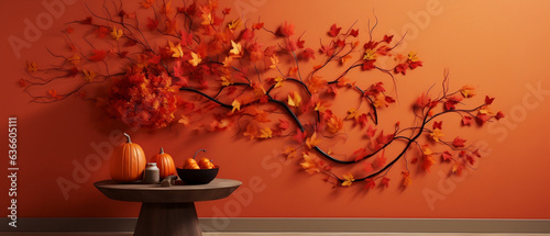 Jesienna dekoracja domu z gałązek i liści klonu na tle pomarańczowej ściany oraz stolik z misą pełną dyni