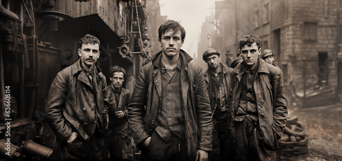Industrial Revolution, workers in front of steam train, industrial plant, turn of the century, black and white, wet plate, photography 1910, generative ai