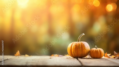 Pumpkin and autumn leaves on picnic table in the fall. Autumn background with copy space. Colorful autumn foliage in the background