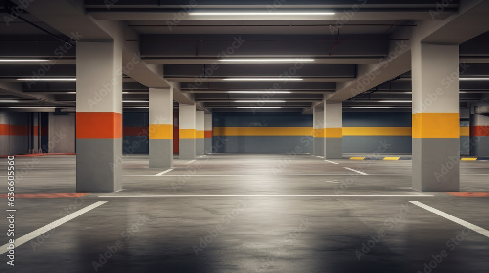 Modern underground parking. Indoor modern parking interior.