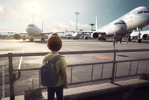 A little boy standing on the street at the airport, watching planes taking off and landing