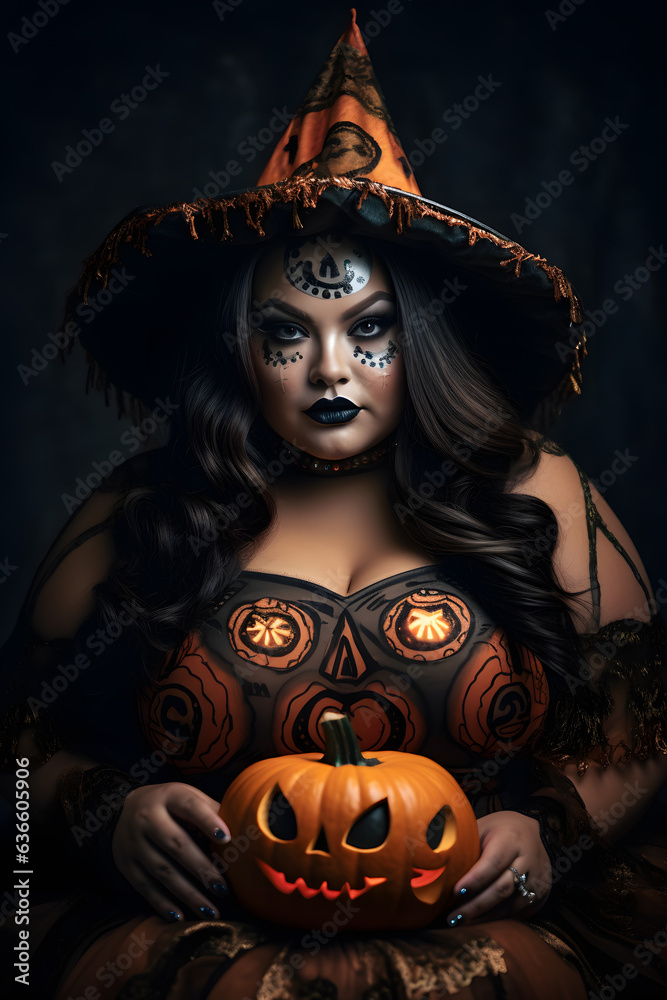 beautiful girl halloween costume hold pumpkins