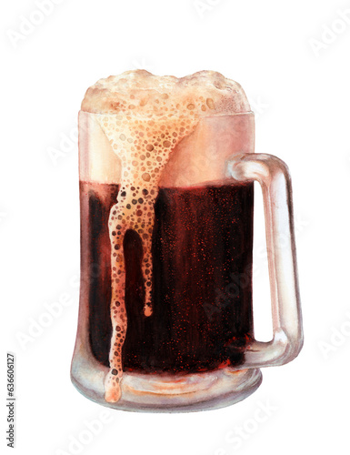 Watercolor illustration of root beer mug with foam, isolated on white background.