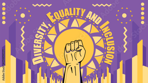 Diversity, Equality and  Inclusion  vector banner design with Geometric shapes, patterns and vibrant colors on a horizontal background. Diversity, Equality, Inclusion modern minimal poster.
