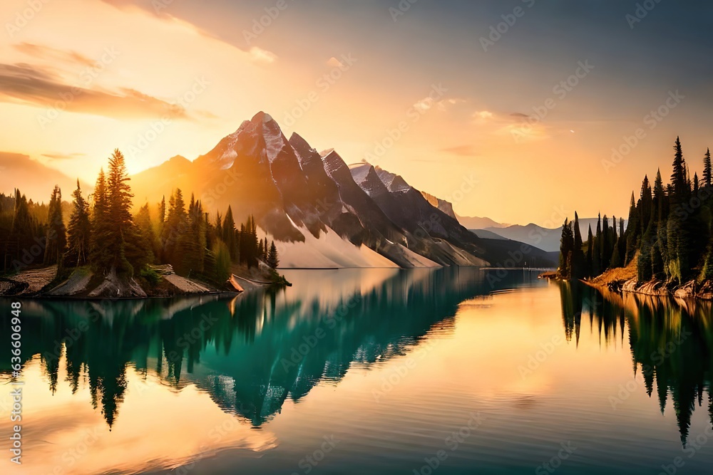 sunset over lake in the mountains beautiful reflection in lake