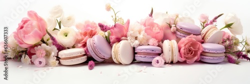 A bunch of macarons and flowers on a table. Digital image. Wedding decor.