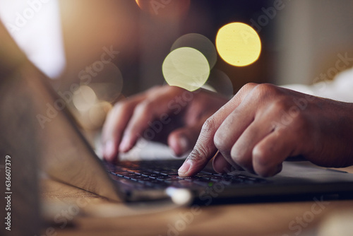 Laptop keyboard, hands and night person typing, copywriting or working late on social media content writing. Closeup, dark office and writer editing online article, information or creative essay