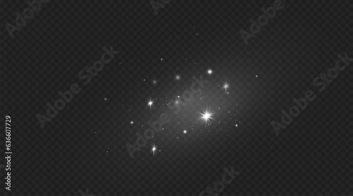 Dust sparks and stars shine with a special light. Christmas light effect. Glittering particles of magic dust.Vector sparkles on a transparent background.