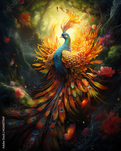 colorful phoenix in deep forest, spread wings, hyper realistic, dramatic light, Create using generative AI tool.