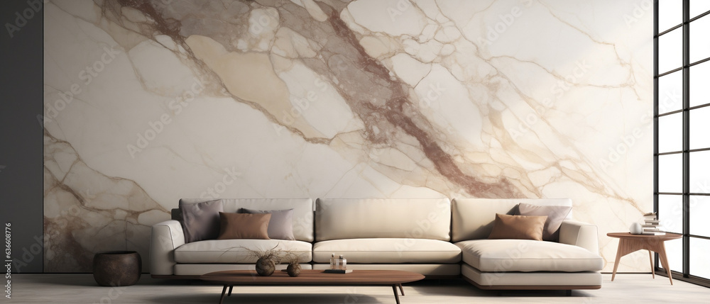 Tło - nowoczesna marmurowa ściana - luksusowe wnętrze inspiracja; minimalistyczny salon z dużą kremową sofą, drewnianym stolikiem i industrialnym oknem - odcienie beżu i brązu, kolory ziemiste - obrazy, fototapety, plakaty 