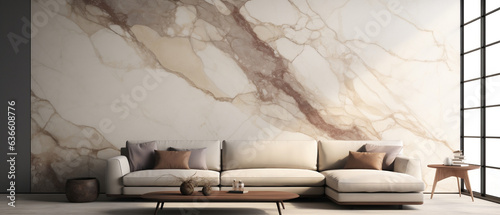 Tło - nowoczesna marmurowa ściana - luksusowe wnętrze inspiracja; minimalistyczny salon z dużą kremową sofą, drewnianym stolikiem i industrialnym oknem - odcienie beżu i brązu, kolory ziemiste
