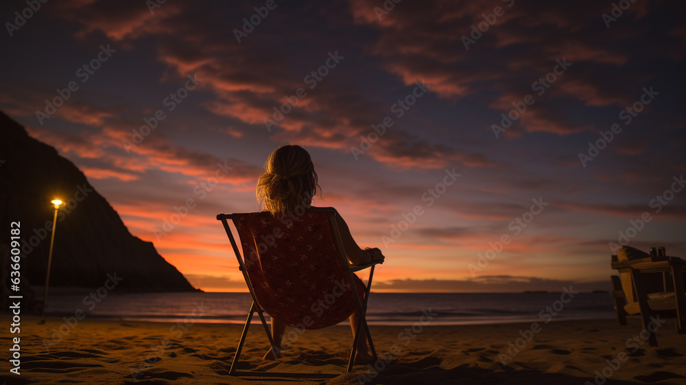 A woman relaxing on a beach chair at night, accompanied by a lamp