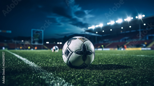Soccer ball on green grass of football stadium at night with lights © Mr. Muzammil
