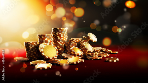 The backdrop captures a casino scene with flying golden chips rendered in a realistic style