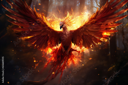 Plakat w ramie fire phoenix in deep forest, spread wings, hyper realistic, dramatic light, Create using generative AI tool.