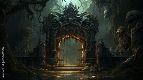Fototapeta Naklejka Na Ścianę i Meble -  Mysterious Halloween background with an arch in the forest. Mystical dark forest with an old temple and trees. Gothic gate in a fantasy jungle with trees, 3d render.