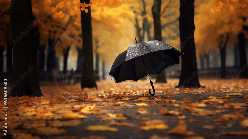 black umbrella in the park autumn leaves rainy day