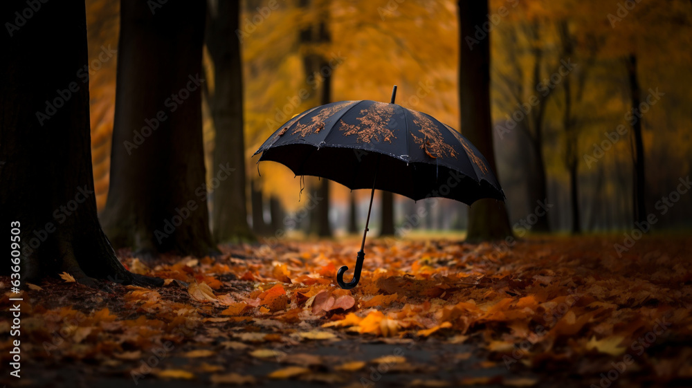 black umbrella in the park autumn leaves rainy day blur background